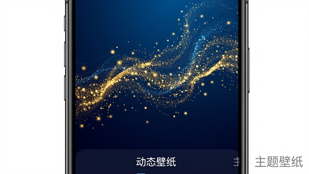 主题壁纸APP的动态壁纸效果展示,手机屏幕播放一段炫酷的粒子流动动态壁纸,背景为深蓝色渐变,金色粒子按轨迹运动,屏幕下方显示“动态壁纸”分类选项,整体画面动感十足,画质高清,干净无多余元素,带有“主题壁纸”水印。