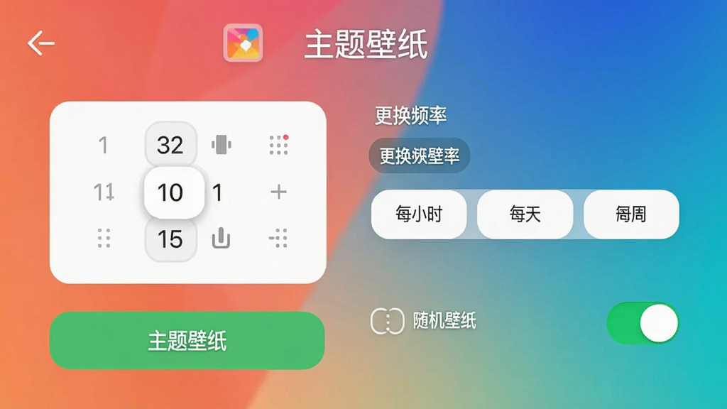 主题壁纸APP的定时更换设置界面,界面显示时间选择器、更换频率选项(每小时、每天、每周),以及“随机壁纸”开关,背景为渐变色,界面简洁明了,操作按钮醒目,画质干净,无多余元素,带有“主题壁纸”字样。