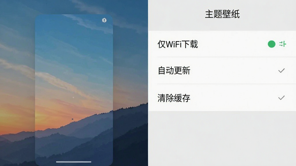 手机截屏展示主题壁纸APP的设置页面,包含“仅WiFi下载”、“自动更新”、“清除缓存”等选项,页面风格简洁,背景为浅灰色,文字清晰,画质干净,无多余元素,带有“主题壁纸”字样。