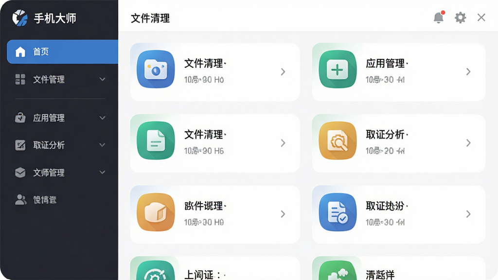 手机大师软件主界面预览图,主体为清晰的功能模块列表,布局采用左侧导航栏与右侧内容区,排版简洁直观,风格现代扁平化,细节展示文件清理、应用管理、取证分析等图标,画质高清,干净无多余元素
