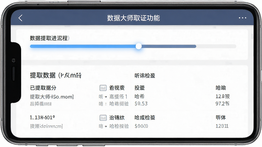 手机大师取证功能界面预览图,主体为数据提取进程页面,布局为进度条与信息摘要,排版专业,风格严谨,细节显示已提取数据分类与哈希校验值,画质高清,无多余元素