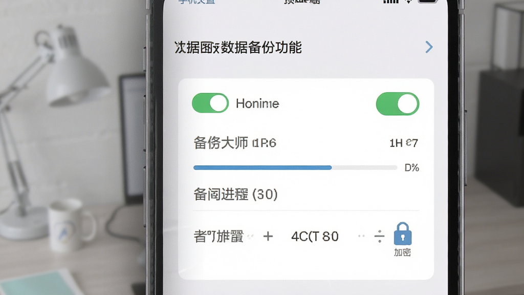 手机大师数据备份功能预览图,主体为备份设置界面,布局为选项开关与时间选择器,排版直观,风格简约,细节显示备份进度与加密标识,画质干净,无多余元素