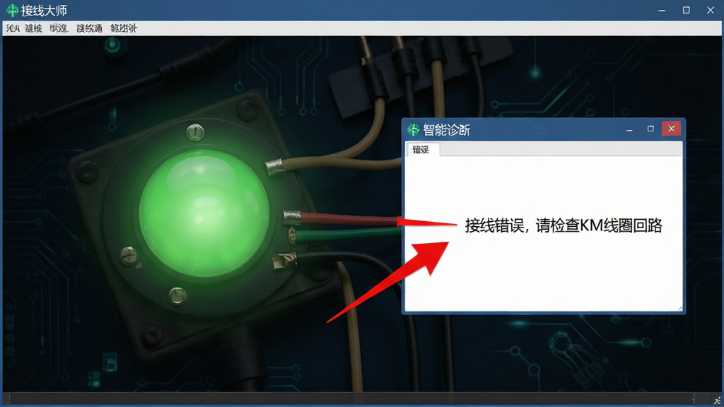 一张接线大师软件的运行界面,主体为电路接通后的指示灯亮起效果,绿色的指示灯发出柔和光芒,旁边弹出智能诊断窗口,用红色箭头标注出错误的导线,并显示中文提示“接线错误,请检查KM线圈回路”,背景为深色科技风格,整体风格专业清晰,画质干净