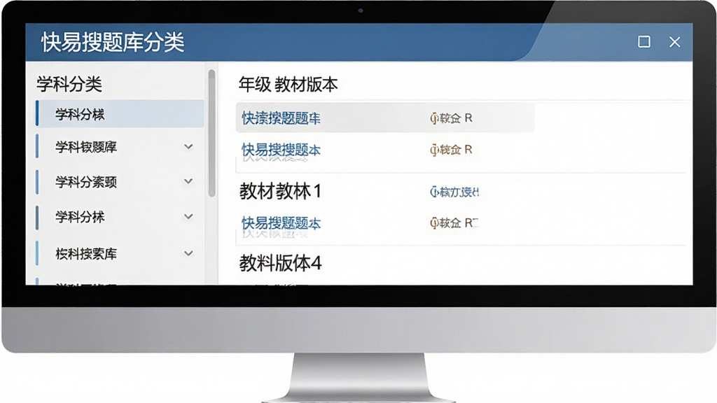 一张展示快易搜题库分类的电脑界面截图,左侧为学科分类列表,右侧显示不同年级和教材版本,界面信息层级清晰,风格简洁商务,画质干净,无多余元素
