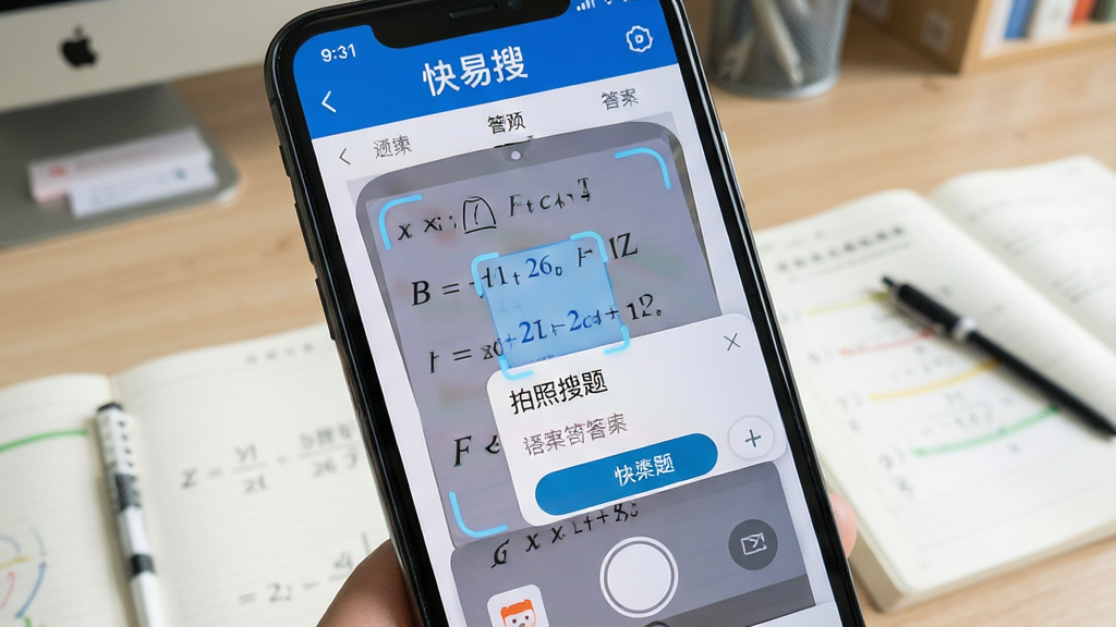 一张手机屏幕特写,屏幕上显示快易搜的拍照搜题界面,对准一道数学题,界面出现识别动画和答案弹窗,背景为书桌场景,画质清晰,干净无多余元素,文字标注“快易搜”