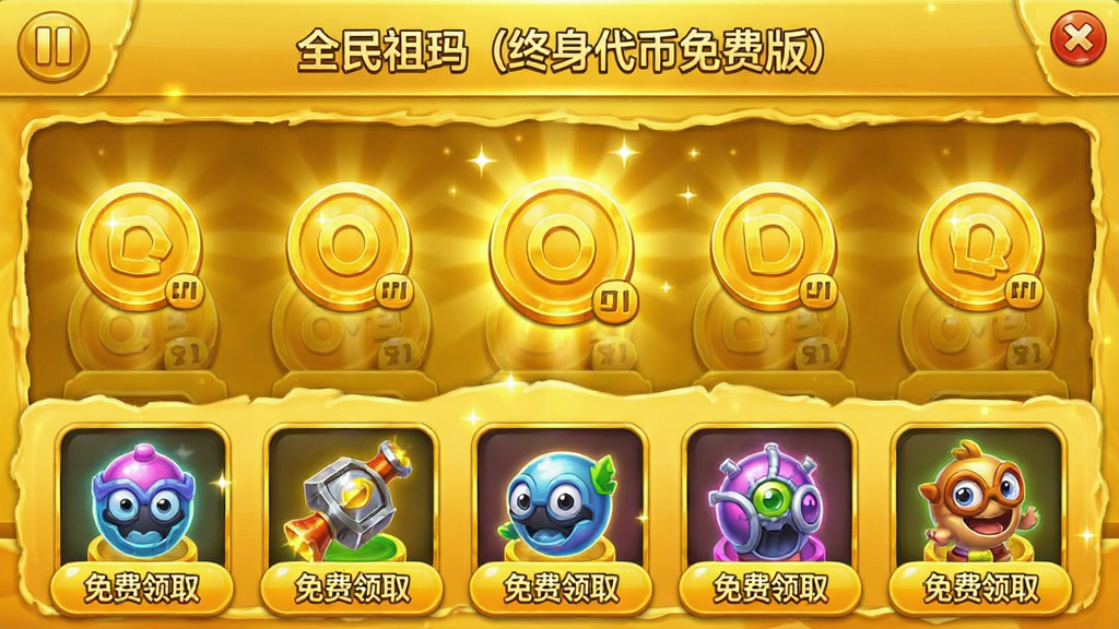 图片生成:游戏内代币商店界面,展示“全民祖玛(终身代币免费版)”的货币系统,画面中有金灿灿的代币图标,下方是各种道具和皮肤,标有“免费领取”字样,整体色调金黄,营造富足感,UI设计简洁,布局合理,风格明亮,画质清晰,无多余元素。