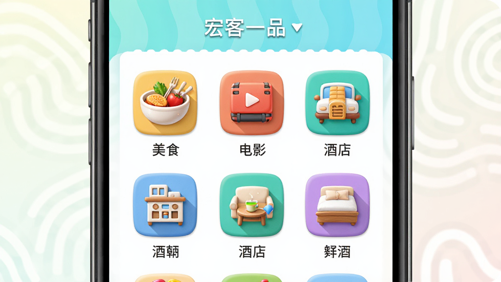 ���壺���һƷAPP�ķ������ҳ�棬ͼ������չʾ��ʳ����Ӱ���Ƶ����𡣲��֣��ֻ���Ļ���У�ͼ���������룬ÿ��ͼ��������˵�����Ű棺����������ɫ�ʷḻ��������»��ã��ʺ����������Ӧ�á�ϸ�ڣ�ͼ�����ﻯ��ƣ������е�ɫ����װ�Ρ����ʣ��߷ֱ��ʣ��ɾ��޶���Ԫ�ء�