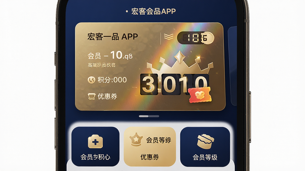 ���壺���һƷAPP�Ļ�Ա����ҳ�棬չʾ���֡��Ż�ȯ�ͻ�Ա�ȼ������֣��ֻ���Ļ���У�����Ϊ��Ա����ʽ���·�Ϊ�����б����Ű棺��Ա����Ŀ������ͼ���ࡣ��񣺸߶˴�������ɫ��������ɫ��ϸ�ڣ���Ա��������Ч�����������ֶ�̬��ʾ�����ʣ���ϸ��Ⱦ���ɾ��޶���Ԫ�ء�