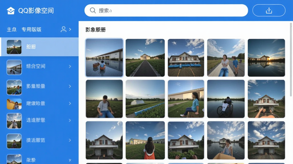 画面中央展示QQ影像空间专用版主界面,左侧为相册列表,右侧为照片网格预览,顶部有搜索栏和上传按钮,整体采用蓝白配色,扁平化设计风格,界面干净明亮,细节丰富,画质清晰,无多余元素