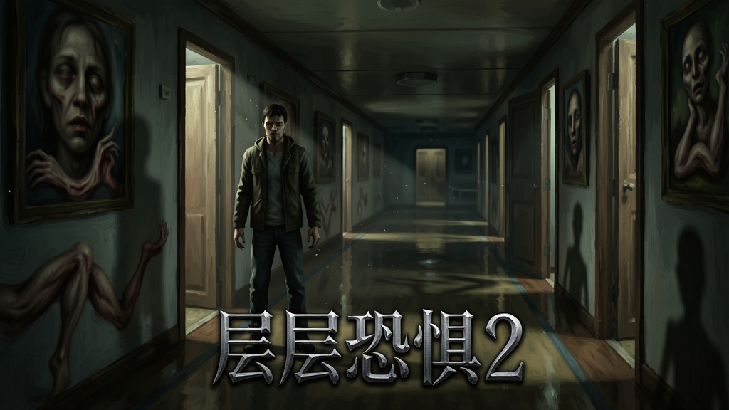 主体:《层层恐惧2》游戏主视觉图,一名孤独的男性角色站在昏暗的邮轮走廊中央,四周墙壁挂满扭曲的画作,地面反射出诡异的光影。布局:角色居中偏左,走廊向深处延伸形成透视,两侧房门半开,透出微弱光线。排版:画面下方中央放置游戏LOGO“层层恐惧2”,字体为哥特风格,带有金属质感。风格:超现实主义恐怖,结合油画笔触与电影级光影。细节:墙壁上的画作内容为模糊的人脸与扭曲的肢体,空气中漂浮着细微的尘埃,角落有模糊的阴影。画质:8K超清,光线追踪,电影级调色,干净,无多余元素。