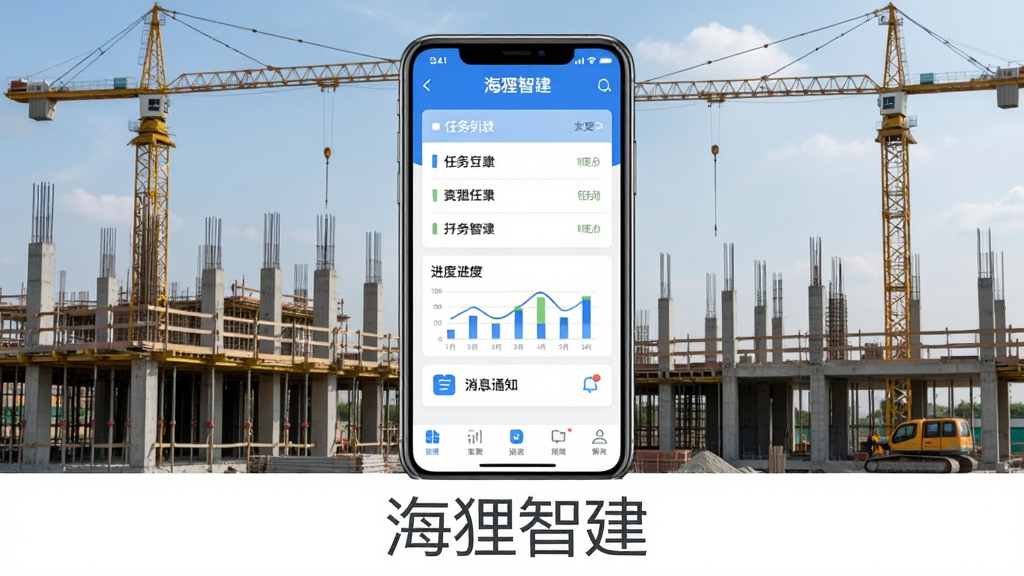 图片整体以建筑工地为背景,画面中央展示一部智能手机,手机屏幕中显示“海狸智建”APP的主界面,界面包含任务列表、进度图表和消息通知图标,主体突出,布局清晰,现代扁平化设计风格,色彩以蓝白为主,细节丰富,画质高清干净,无多余元素,图片下方配有文字“海狸智建”
