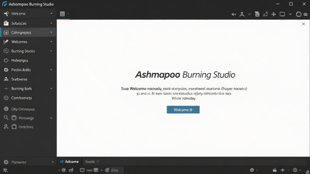一张展示Ashampoo Burning Studio主界面的高清截图,界面采用深色主题,左侧为功能导航栏,右侧为欢迎页面,背景干净整洁,整体风格专业且现代,画质清晰,无多余元素