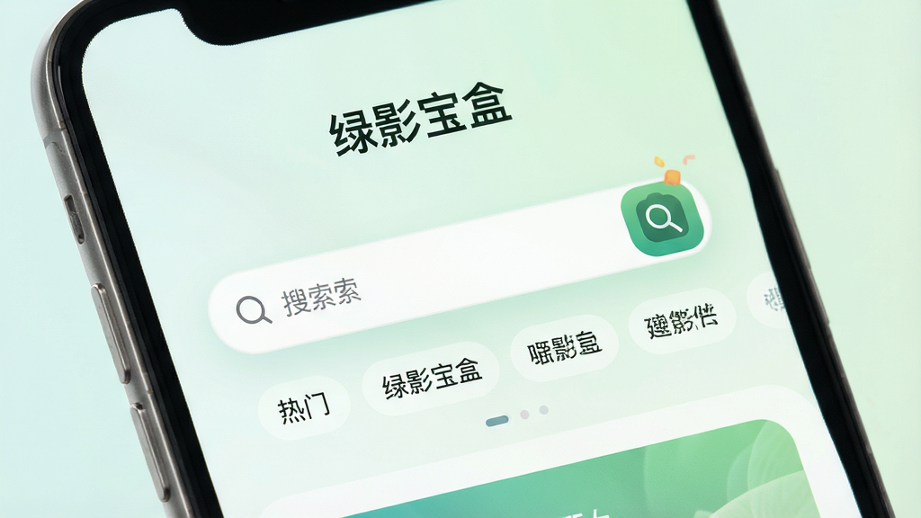 绿影宝盒搜索界面特写,屏幕中央有搜索框与热门标签,背景为浅色渐变,界面清爽,布局合理,文字标签显示“绿影宝盒”,风格简洁现代,细节精致,画质高清,干净无多余元素