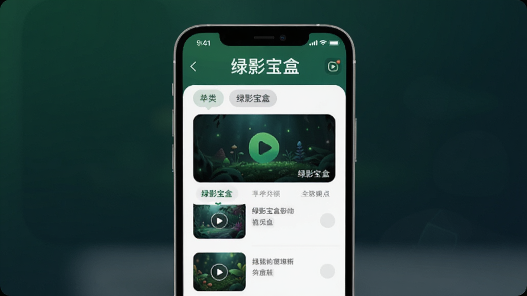 图片居中展示绿影宝盒主界面,手机屏幕内显示简洁的视频列表与分类标签,背景为深色渐变,主体突出APP名称“绿影宝盒”,排版干净,UI风格现代扁平,细节圆润,画质高清,干净无多余元素
