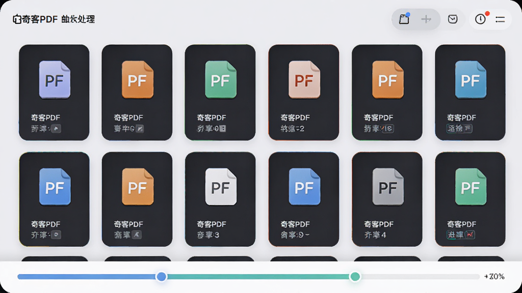 奇客PDF批量处理界面,多个文件卡片整齐排列,底部进度条显示处理状态,界面采用卡片式设计,浅灰背景,圆角元素,整体风格清爽,画质干净