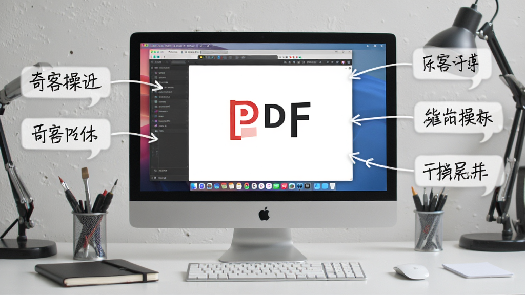 奇客PDF使用教程示意图,电脑屏幕显示软件界面,旁边有操作步骤注释,背景为工作台场景,风格写实,画面干净清晰