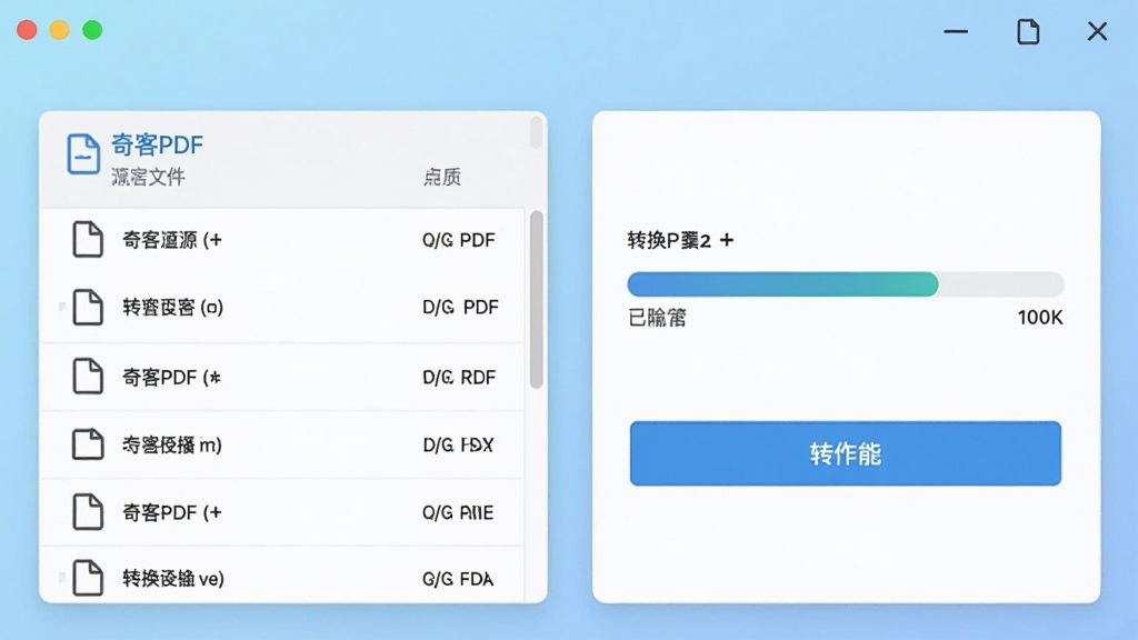 奇客PDF格式转换功能界面,左侧选择源文件,右侧显示转换进度,背景为淡蓝色渐变,界面简洁现代,包含文件列表和转换按钮,画质清晰,无多余元素