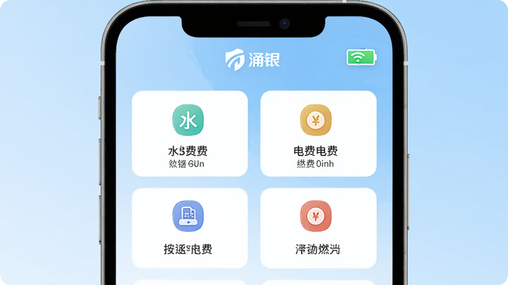 涌银生活缴费功能页面,展示水费电费燃气费等多个缴费入口图标,界面有“涌银”品牌标识,背景使用浅蓝色渐变,卡片式布局清晰展示各缴费项目,配有手机电量充足和WiFi连接图标,整体风格清爽简洁,画质清晰,无多余元素。