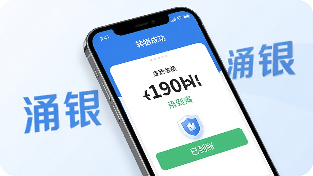 涌银转账汇款功能展示,手机屏幕显示转账成功页面,金额数字清晰,到账状态显示“已到账”,背景有“涌银”品牌字样,整体采用蓝白配色,界面简洁直观,配有安全盾牌图标,画质高清,细节丰富。