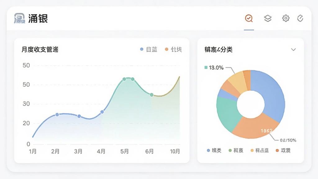 涌银账单管理界面,展示月度收支曲线图与分类饼图,图表色彩柔和,界面有“涌银”标识,背景为白色卡片式设计,数据清晰易读,整体风格专业简洁,画质干净。