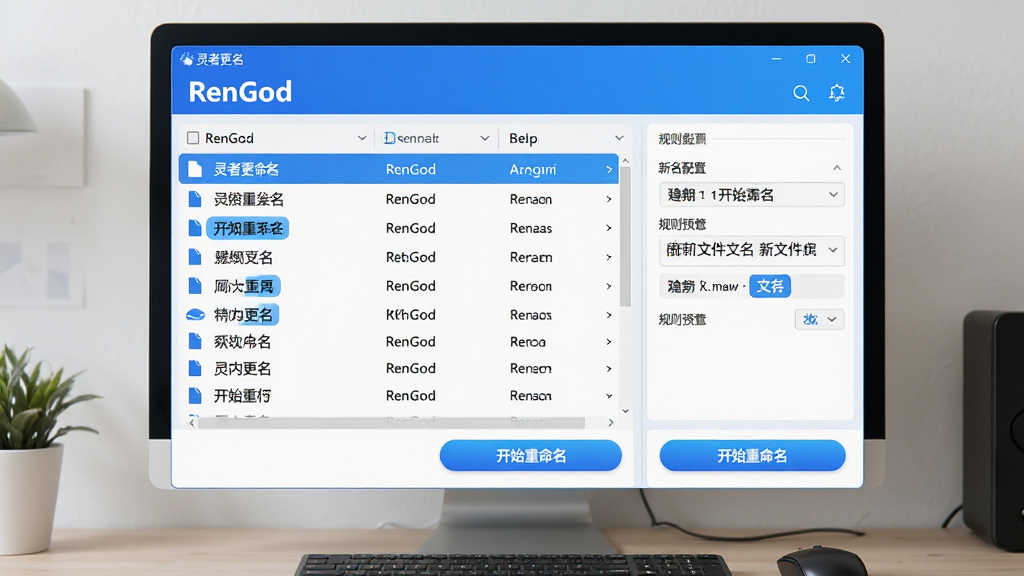 主体:电脑屏幕前显示灵者更名(RenGod)软件主界面,界面中列有多个待重命名的文件列表和规则设置面板。布局:屏幕居中,软件窗口占画面主体,左侧为文件列表,右侧为规则配置区,底部有“开始重命名”按钮。排版:清晰的三栏式界面,功能分区明确。风格:现代扁平化UI设计,蓝白主色调,明亮干净。细节:文件名称高亮显示,规则预览区实时显示新文件名,按钮有蓝色渐变效果。画质:4K超清,干净,无多余元素。