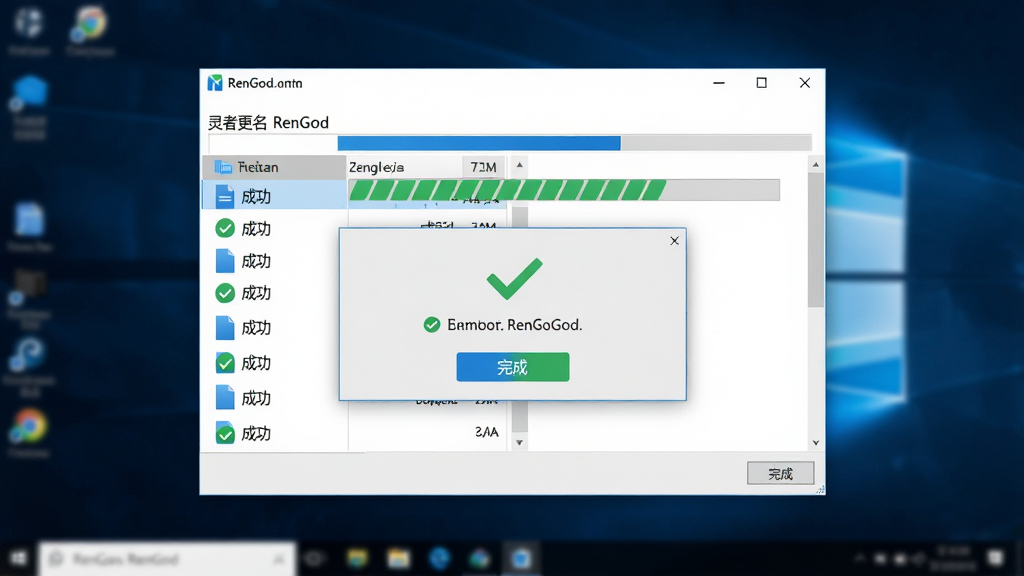 主体:灵者更名(RenGod)软件运行在Windows桌面,界面显示重命名进度条和成功提示。布局:桌面背景虚化,软件窗口居中,进度条满格,弹出绿色对勾提示框。排版:简洁的弹窗设计,信息清晰。风格:现代科技感,蓝色与绿色点缀。细节:文件列表全部显示“成功”状态,底部有“完成”按钮。画质:高清,干净,无多余元素。