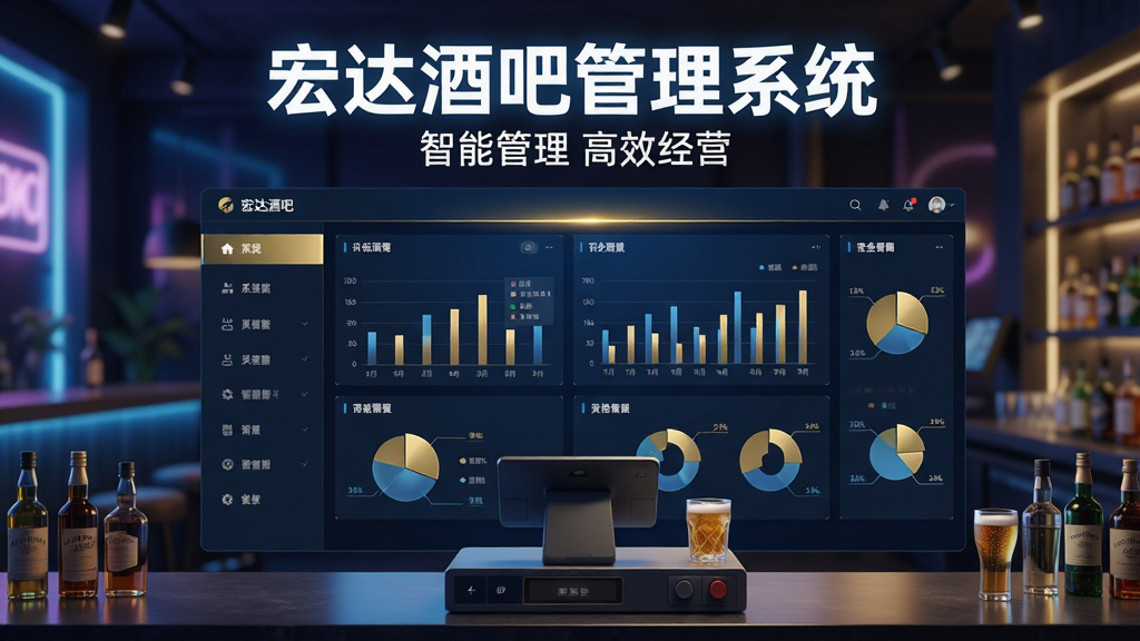 主体:宏达酒吧管理系统软件界面展示,背景为现代酒吧环境,吧台摆放着各类酒水,柔和的霓虹灯光渲染氛围。布局:界面居中突出,采用三分法构图,左侧为系统功能列表,右侧为营业数据看板,下方为收银操作台。排版:主标题“宏达酒吧管理系统”置于画面顶部中央,字体为现代感极强的无衬线体,白色发光效果,副标题“智能管理 高效经营”置于其下。风格:科技感与商业感结合,色彩以深蓝和金色为主,搭配光效,整体画面干净、专业。细节:界面元素清晰可辨,数据图表以柱状图和饼图呈现,酒瓶与酒杯的细节丰富,光影真实。画质:8K超高清,细腻通透,干净,无多余元素。