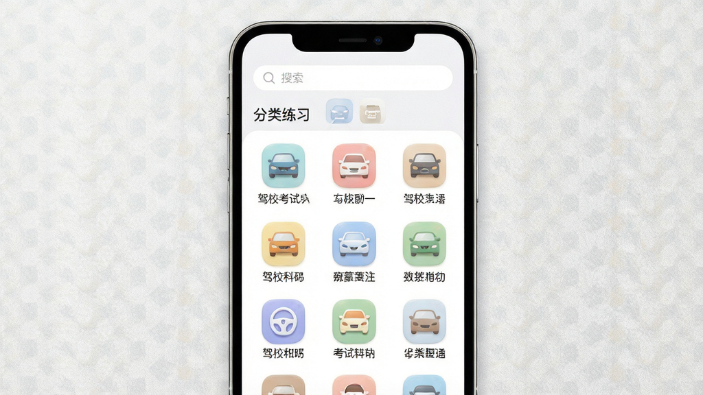 主体:驾校考试科目一软件分类题库页面,手机屏幕展示各类别图标。布局:手机居中,屏幕显示“分类练习”界面,图标排列整齐。排版:顶部有搜索栏,下方为网格状分类图标,标注“驾校考试科目一”。风格:清新简约,色彩柔和,图标拟物化。细节:每个图标有对应文字标签,背景有浅灰色纹理,画质干净。