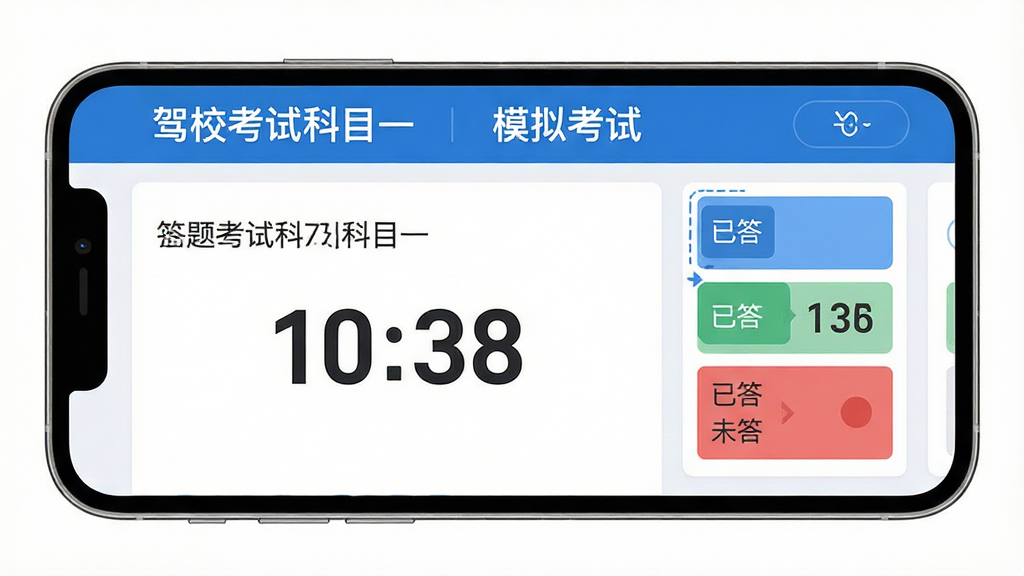 主体:驾校考试科目一软件模拟考试界面,手机横屏显示倒计时与答题卡。布局:手机左侧为题目区,右侧为答题卡缩略图。排版:界面分区明确,顶部显示“驾校考试科目一”和“模拟考试”字样。风格:扁平化UI设计,配色以蓝色和白色为主,清爽专业。细节:倒计时数字醒目,答题卡用不同颜色标记已答与未答,画质高清干净。