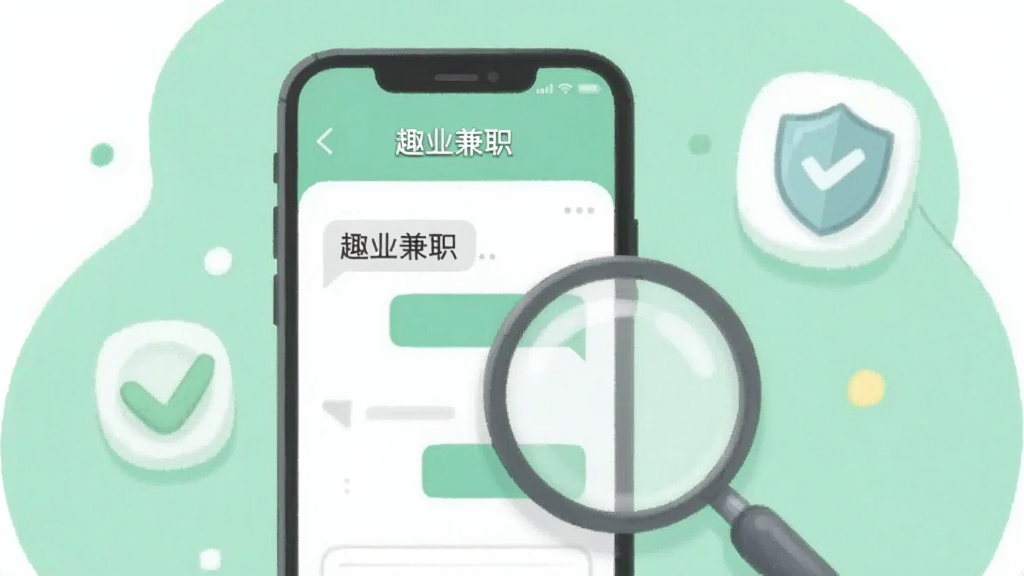 一张插画风格的用户指南图,画面中有一部手机和一个放大镜,手机屏幕上显示“趣业兼职”的客服对话界面,旁边有对勾和盾牌的图标,背景为清新的薄荷绿色,布局简洁,画质柔和,无多余元素。
