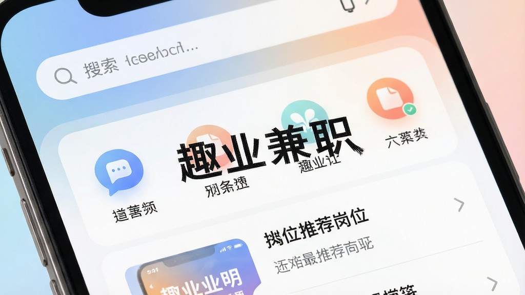 一张智能手机屏幕特写,屏幕正中间清晰显示“趣业兼职”APP的首页界面,界面布局简洁明了,顶部是搜索框,下方是分类图标和推荐岗位列表,背景为柔和的渐变色,整体风格现代、干净、专业,画质高清,无多余元素。