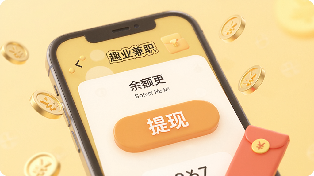 一张3D渲染风格的手机支付界面图,手机屏幕显示“趣业兼职”的余额提现页面,页面中央有一个醒目的“提现”按钮,四周有金币和红包元素装饰,背景为浅黄色暖色调,画质细腻,光线柔和,无多余元素。