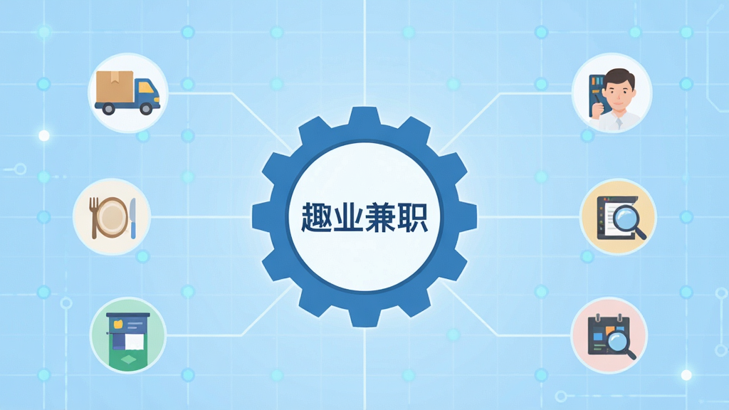 一张扁平化风格的功能示意图,画面中央是一个带有“趣业兼职”Logo的齿轮形状,齿轮周围连接着多个代表不同兼职类型的小图标,如快递、餐饮、教育、设计等,背景为浅蓝色科技感网格,布局对称,画质清晰干净,无多余元素。