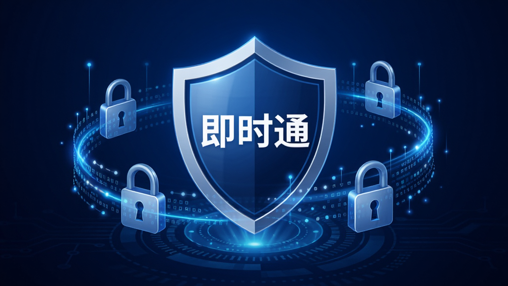 即时通数据加密安全概念图,画面中央是一个盾牌图标,盾牌上带有“即时通”字样,周围环绕着锁头与数据流光效,背景为深蓝色科技感渐变,整体风格严谨专业,突出安全可靠,画质清晰,无多余元素