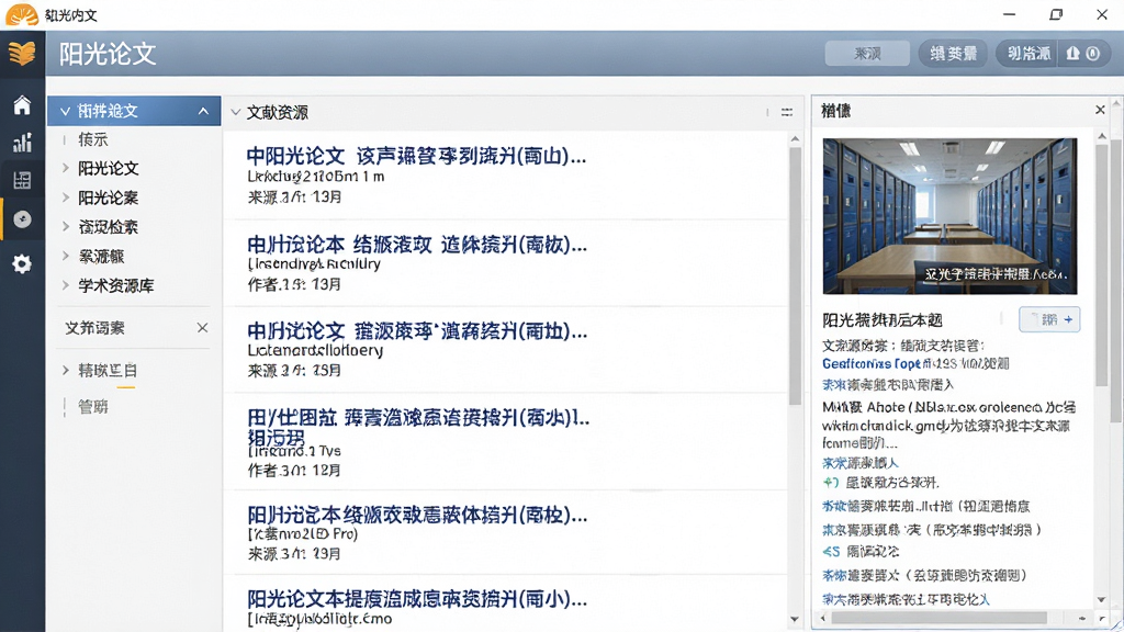 一幅软件内嵌的学术资源库界面预览图,主体是“阳光论文”软件的文献检索结果页面,页面以列表形式展示多篇中英文论文标题、作者及来源期刊,左侧为筛选导航栏,右侧为文献详情预览窗口,布局专业,排版有序,风格学术化,细节清晰,画质高清,无多余元素