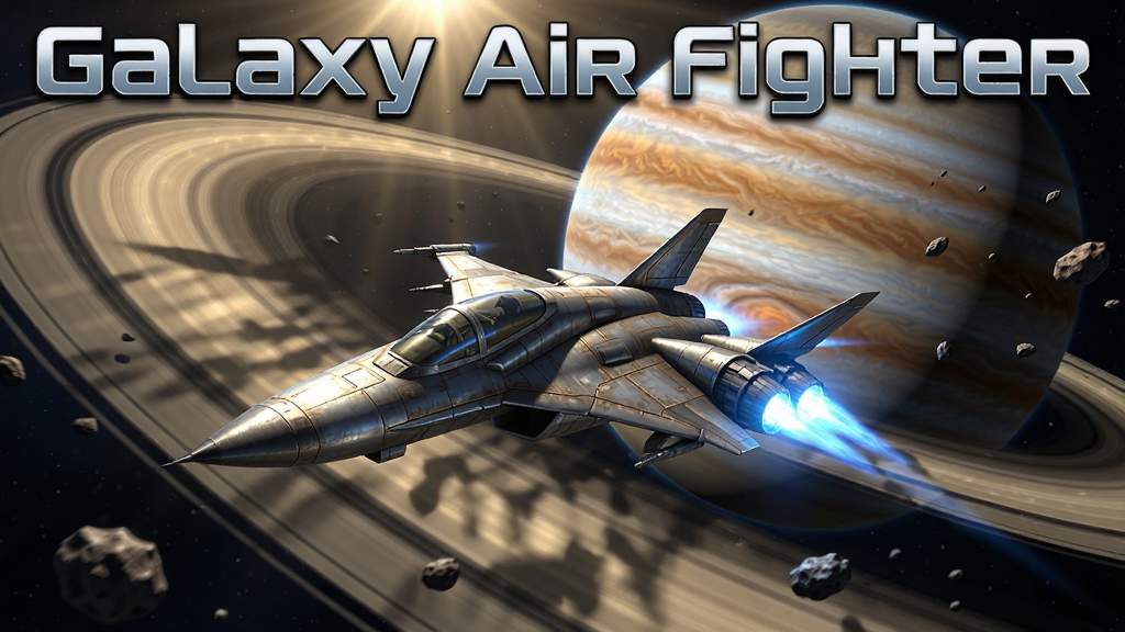 游戏“Galaxy Air Fighter”中战机在行星环带中穿梭,阳光透过环带洒下斑驳光影,战机表面金属质感强烈,引擎喷口发出蓝色光芒,背景有巨大的气态星球和漂浮的陨石,整体画面色彩丰富,光影真实,采用超高清画质,干净无UI干扰,图片上标注“Galaxy Air Fighter”字样