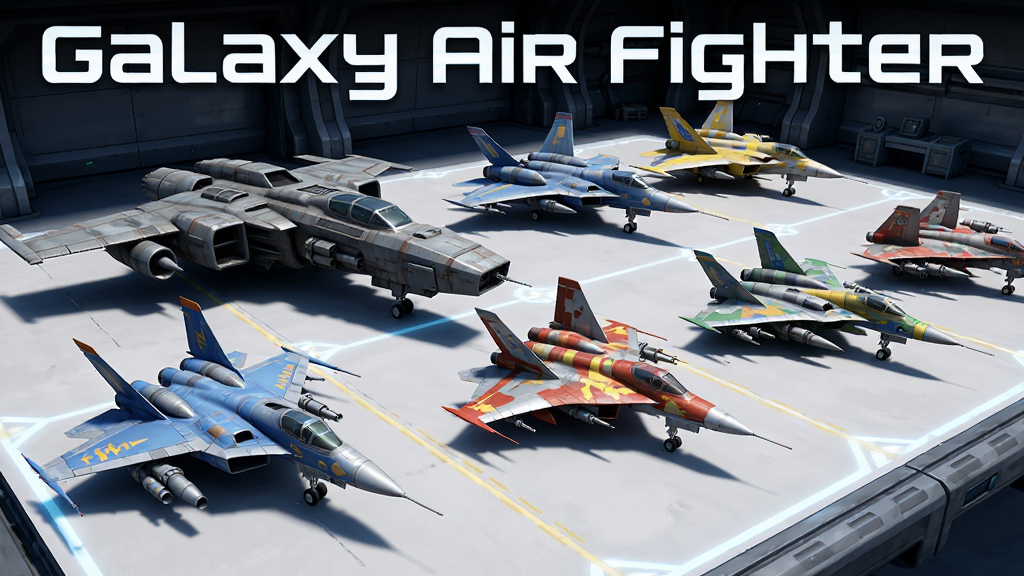 游戏“Galaxy Air Fighter”的战机机库界面,展示多款造型各异的战机排列在停机坪上,包括重型轰炸机、敏捷拦截机等,每架战机都有不同的涂装和武器挂载,界面设计简洁科幻,光线明亮,高清渲染,干净无多余元素,图片上显示“Galaxy Air Fighter”字样