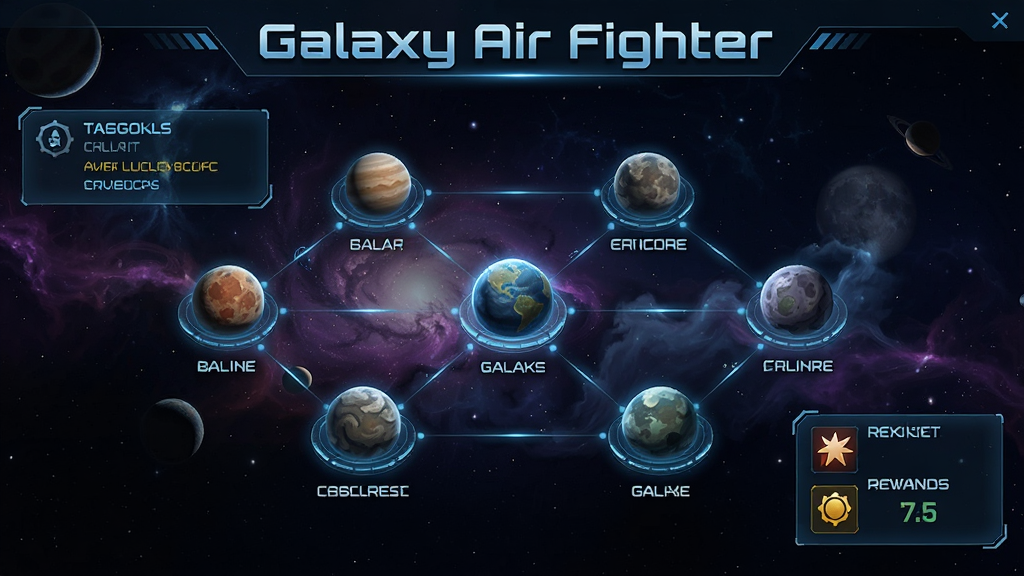 游戏“Galaxy Air Fighter”的关卡选择界面,地图上标记着多个星球节点,每个节点代表一个关卡,背景是深邃的宇宙和星云,界面UI设计科幻大气,有任务提示和奖励预览,高清画质,干净无多余元素,图片上显示“Galaxy Air Fighter”