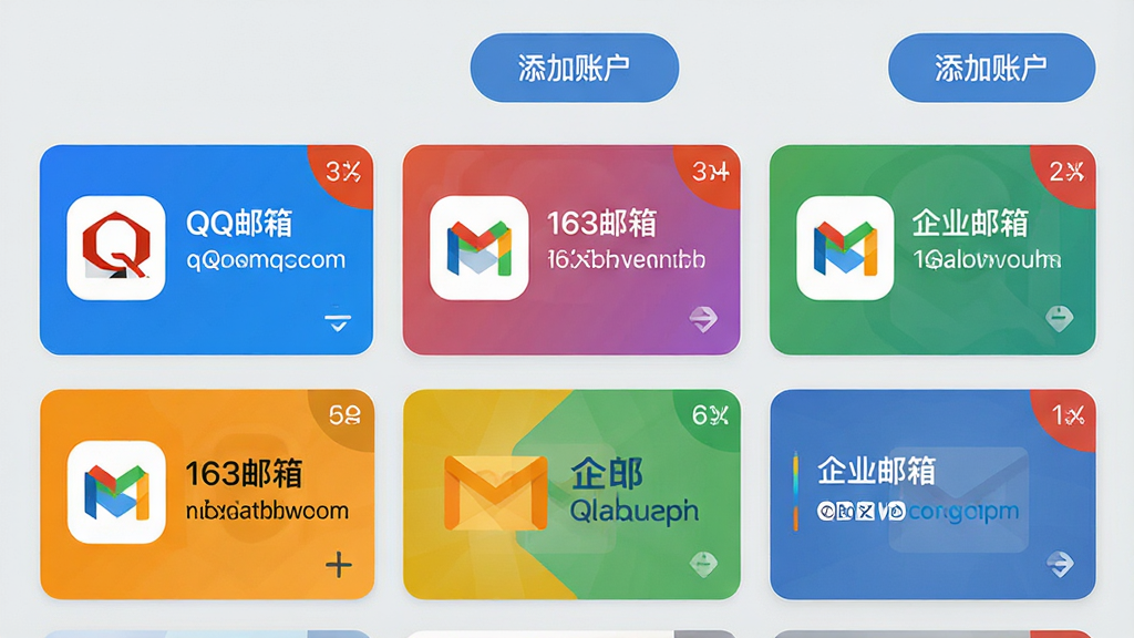 ���壺���ܵ�������App�Ķ��˻��������棬չʾ��ͬ��������̵�logo��Ƭ�����֣��������б���ʽչʾQQ���䡢163���䡢��ҵ����ȶ���˻���ÿ����Ƭ����ɫ���֡��Ű棺��Ƭʽ���֣��������У������С������˻�����ť����񣺱�ƽ����ƣ�ɫ�����졣ϸ�ڣ�ÿ����Ƭ����ʾ�����ַ��δ���ʼ����Ǳ꣬����Ϊǳ��ɫ�����ʣ��������ɾ����޶���Ԫ�ء�