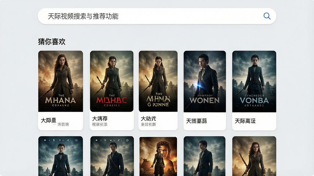 一张展示天际视频搜索与推荐功能的截图,顶部为搜索框,下方为“猜你喜欢”推荐列表,影片封面以卡片式排列,背景浅灰色,界面简洁明快,文字清晰,画质干净