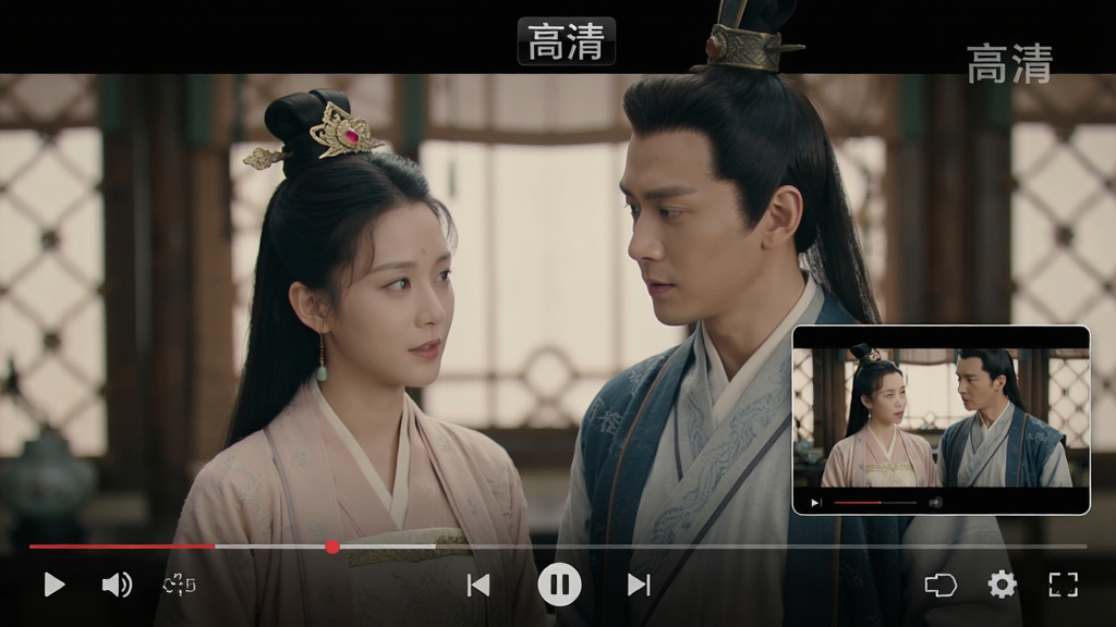一张展示天际视频播放界面的截图,画面中正在播放一部古装剧,屏幕上方有“高清”标识,底部控制栏清晰,旁边悬浮一个小窗播放画面,整体布局整洁,色彩柔和,画质清晰干净