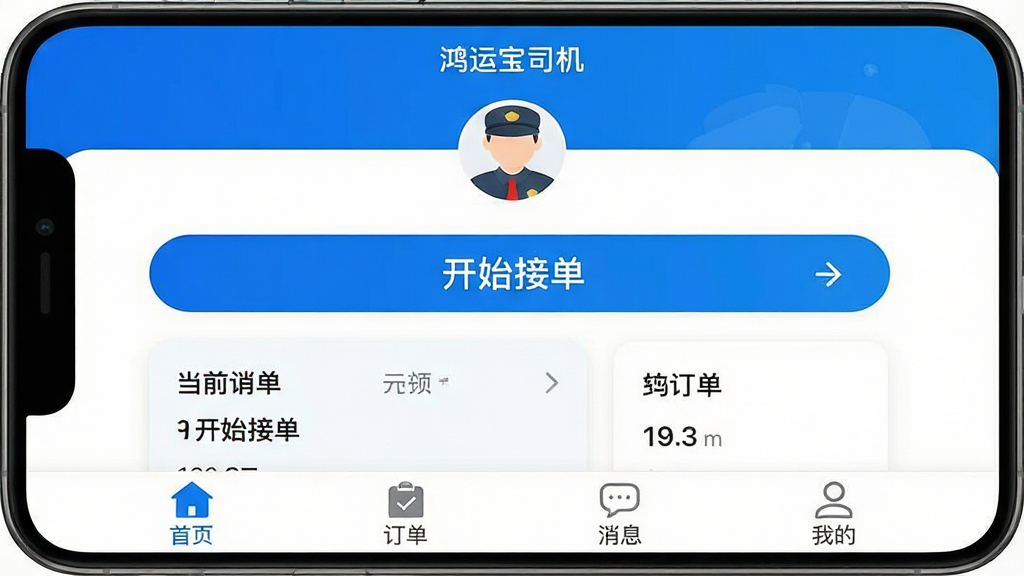 一张高清手机截图,展示鸿运宝司机主界面,上方显示“鸿运宝司机”应用名称和司机头像,中部为醒目的“开始接单”按钮和当前订单卡片,下方为底部导航栏,包含首页、订单、消息、我的四个标签,整体布局简洁明了,色彩以蓝色和白色为主,画质干净,无多余元素。