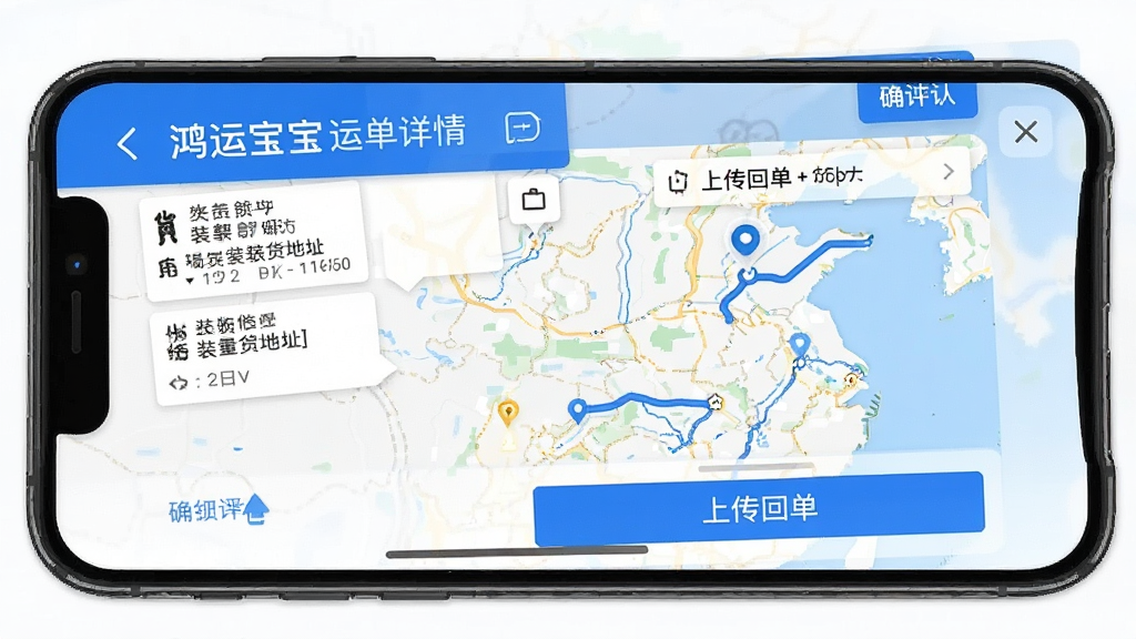 一张手机界面截屏,显示鸿运宝司机运单详情页,包含货物信息、装卸货地址、运输轨迹地图和“上传回单”按钮,地图上有一条蓝色行驶路线,界面底部有“确认送达”功能,整体风格清爽,蓝色与白色搭配,画质细腻,无多余元素。