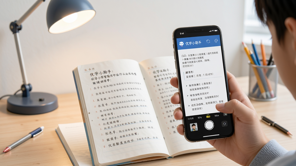 展示“优学小助手”智能作业检查功能,学生手持手机拍摄作业本,屏幕中显示题目识别结果和解题步骤,背景为简洁的书桌场景,有台灯和文具,画面明亮清晰,风格写实,突出功能实用性,画质高清,无多余元素