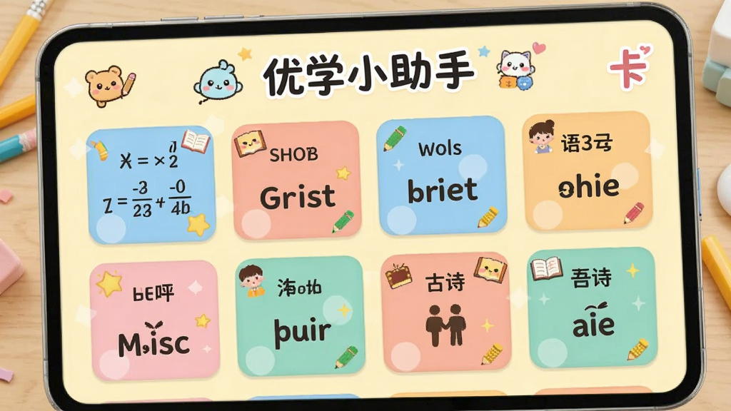 展示“优学小助手”知识点速记卡片,屏幕中显示彩色知识卡片,包含数学公式、英语单词、语文古诗等,卡片排列整齐,背景为淡黄色,搭配小图标装饰,风格清新可爱,画质清晰,突出学习氛围,无多余元素
