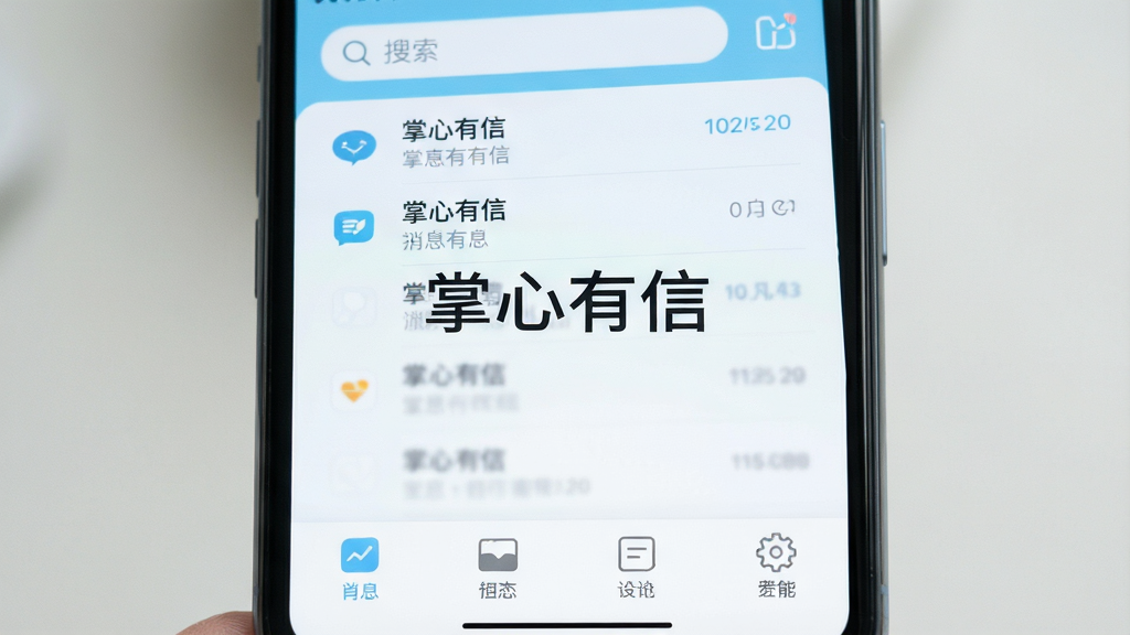 一张智能手机屏幕的特写,屏幕中央清晰显示“掌心有信”应用的主界面,界面风格简约清爽,以浅蓝色和白色为主色调,顶部有搜索栏和消息列表,底部有四个功能图标,整体布局干净整洁,高画质,细节丰富,干净无多余元素
