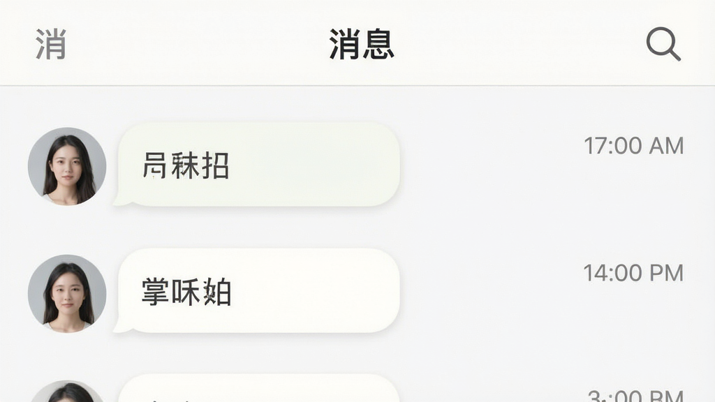 掌心有信应用的消息列表界面截图,界面干净清爽,无任何广告横幅,对话气泡以圆角卡片式呈现,左侧有头像和昵称,右侧有时间戳,顶部有“消息”二字和搜索图标,整体色调柔和,高画质,细节清晰,干净无多余元素