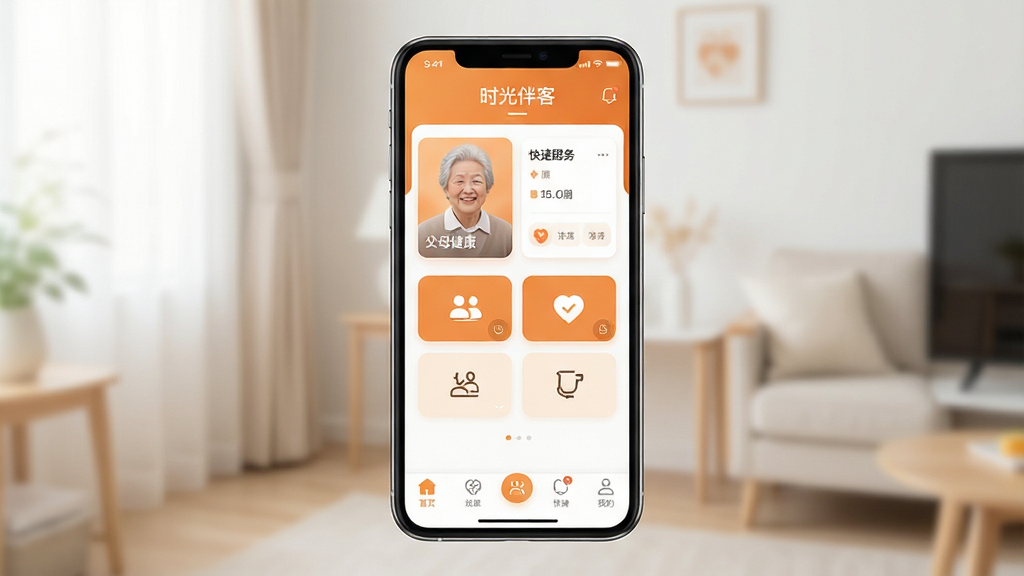 时光伴客软件主界面展示,主体为智能手机屏幕,屏幕内显示APP首页,顶部有“时光伴客”字样,中部为父母健康数据卡片与快捷服务按钮,底部导航栏清晰,整体布局简洁,排版疏朗,风格温馨明亮,以暖橙色和白色为主色调,细节之处体现适老化设计,画质高清,干净整洁,无多余元素。