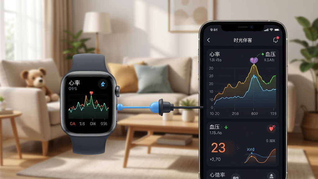 时光伴客健康监测功能预览图,主体为智能手表与手机连接画面,手机屏幕显示健康数据曲线图,标注“心率”“血压”等字样,背景为温馨的家庭客厅场景,布局清晰,排版专业,风格写实,细节丰富,画质高清,干净明亮。