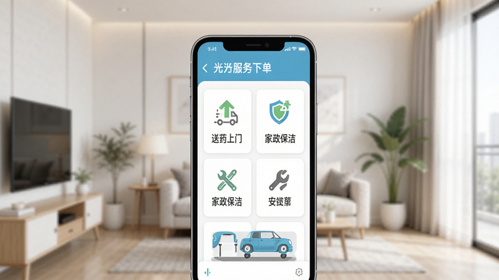 时光伴客生活服务代办功能展示,主体为手机下单界面,显示“送药上门”“家政保洁”等服务卡片,配以图标和文字,背景为简洁的室内环境,布局合理,排版整齐,风格清爽,细节到位,画质清晰,无多余元素。